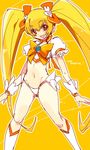  :d aano_(10bit) adapted_costume blonde_hair boots bow choker cure_sunshine heartcatch_precure! knee_boots long_hair midriff myoudouin_itsuki navel no_pants open_mouth orange_bow orange_choker panties precure revealing_clothes smile solo twintails underwear very_long_hair yellow_background yellow_eyes 