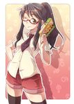  ;) black_hair black_legwear box brown_eyes chocolate e20 fujoshi genshiken glasses hand_on_hip kinoko_no_yama long_hair mars_symbol mushroom necktie one_eye_closed ponytail red-framed_eyewear seiyuu_connection semi-rimless_eyewear short_shorts shorts skindentation smile solo thighhighs uesaka_sumire yoshitake_rika 