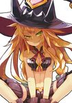  blonde_hair green_eyes grin hat hitoshi long_hair majo_to_hyakkihei metallica_(majo_to_hyakkihei) midriff navel sitting smile solo witch_hat 