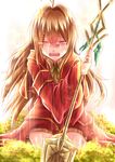  ai_(kaminai) antenna_hair artist_name brown_hair coat grass kamisama_no_inai_nichiyoubi linea-lucifer open_mouth short_hair shorts shovel solo tears 