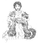  2boys animal_ears cat_ears cat_tail dress dual_persona genderswap genderswap_(mtf) giorno_giovanna goimago graphite_(medium) greyscale haruno_shiobana hug jojo_no_kimyou_na_bouken jonathan_joestar kemonomimi_mode monochrome mother_and_son multiple_boys tail traditional_media younger 