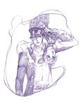  1girl father_and_daughter goimago graphite_(medium) hat jojo_no_kimyou_na_bouken kuujou_jolyne kuujou_joutarou monochrome time_paradox traditional_media upside-down 