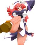  bare_shoulders blush breasts commentary_request cross gloves hat huge_breasts kicking kuma_(kumakuma5) la_pucelle long_hair open_mouth pantyhose prier red_eyes red_hair solo thighs 