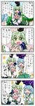  &gt;_&lt; 4koma :&lt; ^_^ ahoge blue_hair closed_eyes comic fang flailing green_eyes green_hair grey_hair hat highres hug hug_from_behind juliet_sleeves long_sleeves mononobe_no_futo multiple_girls o_o puffy_sleeves soga_no_tojiko sweatdrop tatara_kogasa tate_eboshi touhou translated yuzuna99 