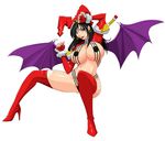  1girl arm_up bastard!! bat_wings black_hair blue_eyes boots breastless_clothes breasts demon_girl devil-v earrings female fingerless_gloves fingernails garter_belt garter_straps gloves hat high_heel_boots high_heels highleg highleg_panties jester_cap jewelry large_breasts legs lipstick long_fingernails long_hair looking_at_viewer makeup midriff nail_polish panties parted_lips porno_dianno red_legwear red_nails simple_background solo thigh_boots thighhighs thighs underwear white_background wings 