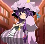  1girl between_breasts book breasts female hat huge_breasts kumakuma library long_hair patchouli_knowledge purple_eyes purple_hair solo touhou upper_body 