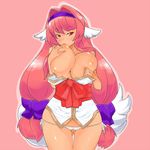  1girl animal_ears areolae bare_shoulders breast_lift breast_squeeze breast_sucking breasts breasts_outside female fukurou_(owl222) fusehime_maaya hair_ornament hair_ribbon hairband huge_breasts long_hair long_twintails lowres panties pink_hair red_eyes ribbon self_fondle shinrabanshou simple_background solo standing string_panties twintails underwear white_panties 