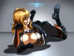  ass blonde_hair blush bodysuit boots breasts cleavage hair_over_eyes itt0ryu large_breasts lips long_hair lying on_stomach rachael_foley resident_evil resident_evil_revelations solo wetsuit 