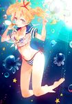  air_bubble barefoot bikini blonde_hair blue_eyes breasts bubble bubble_blowing cleavage freediving hairband highres jellyfish komochi legs long_hair medium_breasts navel original smile solo star sunlight swimming swimsuit twintails underwater 