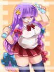  alternate_costume bespectacled black_legwear bottle contemporary crescent crescent_hair_ornament glasses hair_ornament hair_ribbon long_hair no_hat no_headwear open_mouth patchouli_knowledge plump purple_eyes purple_hair ribbon school_uniform shirt skirt solo star star_hair_ornament sumitaso thighhighs touhou 