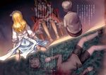  1girl alice_margatroid blonde_hair blood bloody_clothes chair corpse doll doll_joints dress grass hairband hat hat_removed headwear_removed lolita_hairband long_hair red_dress shanghai_doll shirt shorts sitting skirt touhou translation_request wariza windyakuma 