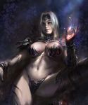  agnidevi armor bikini_armor breasts fantasy highres large_breasts magic original red_eyes short_hair silver_hair solo tiara witch 