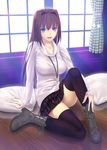  aozaki_aoko black_legwear blue_eyes boots brown_hair jewelry long_hair looking_at_viewer mahou_tsukai_no_yoru pendant pillow sitting skirt solo thighhighs tsukikanade window 