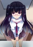  agekichi_(heart_shape) bad_id bad_pixiv_id between_breasts blush breasts copyright_request glasses knife looking_at_viewer medium_breasts school_uniform serafuku skirt smile solo two_side_up 