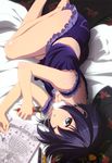  ;o absurdres ahoge bare_legs bed bed_sheet blue_eyes blue_hair blush body_blush book camisole casual chuunibyou_demo_koi_ga_shitai! collarbone drawing eyepatch eyepatch_removed frills highres holding ikeda_kazumi indoors legs looking_at_viewer lying midriff non-web_source nyantype official_art on_side one_eye_closed pajamas pen pillow scan short_hair shorts solo strap_slip takanashi_rikka tears upside-down 