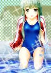  building competition_swimsuit fu_na girlfriend_(kari) green_eyes green_hair highres jacket long_hair masaoka_mai one-piece_swimsuit pool sitting smile solo swimsuit track_jacket 