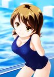  arms_behind_back bangs blue_swimsuit breasts brown_hair cleavage colored_eyelashes cowboy_shot from_side fu_na girlfriend_(kari) highres hiiragi_makoto_(girlfriend_(kari) leaning_forward looking_at_viewer medium_breasts one-piece_swimsuit pool poolside school_swimsuit short_hair sideboob solo standing starting_block swimsuit water yellow_eyes 