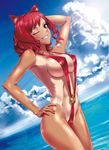  animal_ears arm_up armpits bad_id bad_pixiv_id breasts cameltoe cat_ears cloud covered_nipples cowboy_shot curly_hair day dutch_angle grin hand_on_hip highres medium_breasts nail_polish navel ocean one-piece_tan one_eye_closed original outdoors pose red_hair shiny shiny_skin sideboob sky slingshot_swimsuit smile solo strap_gap swimsuit tan tanline water yellow_eyes yoshiwa_tomo 