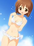  bikini blush breasts brown_eyes brown_hair cleavage frilled_bikini frills hagiwara_yukiho hahifuhe idolmaster idolmaster_(classic) looking_at_viewer medium_breasts navel open_mouth short_hair smile solo strap_gap swimsuit thigh_gap 