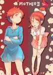  crossed_arms doseisan dual_persona earrings hood hoodie jewelry kumatora mother_(game) mother_3 multiple_girls one_eye_closed pink_eyes pink_hair samidare short_hair smile ultimate_chimera waitress yoshikoshi_(mother_3) 