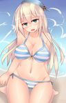  atago_(kantai_collection) beach bikini blonde_hair blue_hat breasts cleavage day green_eyes hat kantai_collection kutan large_breasts long_hair solo swimsuit 