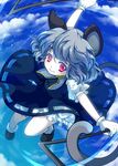  animal_ears bloomers blue_sky cloud day dowsing_rod dress gloves grey_hair iris_anemone mouse_ears mouse_tail nazrin red_eyes short_hair skirt sky smile solo tail touhou underwear white_gloves 