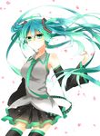  detached_sleeves floating_hair green_eyes green_hair hatsune_miku highres impossible_clothes impossible_shirt kurana long_hair necktie petals shirt skirt solo thighhighs twintails very_long_hair vocaloid white_background 