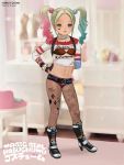  1girl blonde_hair blush boots bra fishnets harley_quinn high_heels multicolored_hair pantyhose short_shorts shorts solo spikes standing torn_clothes twintails underwear 
