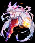  banned_artist black_background bow breasts cleavage fire fujiwara_no_mokou hair_bow hair_ribbon highres long_hair medium_breasts open_clothes open_shirt pants poko_(mammypoko) red_eyes ribbon shirt smile solo suspenders touhou very_long_hair white_hair 