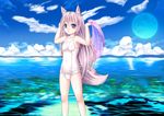  animal_ears fox_ears fox_tail long_hair md5_mismatch ocean one-piece_swimsuit original pink_hair purple_eyes school_swimsuit solo swimsuit tail towel tsukino_neru 