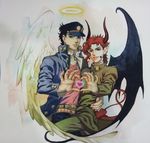  angel_wings black_hair demon_tail demon_wings gakuran goimago halo hat heart heart_hands heart_hands_duo horns jojo_no_kimyou_na_bouken kakyouin_noriaki kuujou_joutarou male_focus multiple_boys red_hair school_uniform tail traditional_media wings 