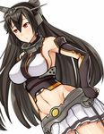  bare_shoulders black_hair breasts groin hai_ookami hand_on_hip highres kantai_collection long_hair lowleg_skirt medium_breasts nagato_(kantai_collection) navel red_eyes sideboob simple_background solo white_background 