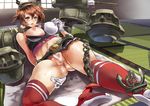  ass ass_grab bare_shoulders blush breast_slip breasts brown_hair gloves green_eyes himuro_(dobu_no_hotori) kantai_collection large_breasts looking_at_viewer midriff miniskirt mutsu_(kantai_collection) navel nipple_tweak nipples one_breast_out open_mouth red_legwear self_fondle short_hair skirt solo tatami thighhighs underwear 