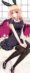  animal_ears ayase_hazuki black_legwear blonde_hair blush bunny_ears dress flower frilled_pillow frills long_hair looking_at_viewer original pillow purple_eyes short_sleeves sitting solo thighhighs 