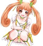  :d bad_id bad_pixiv_id blush boots breasts choker cleavage crossed_arms cure_rosetta dokidoki!_precure green_choker highres open_mouth orange_eyes orange_hair panties pantyshot pantyshot_(squatting) precure simple_background small_breasts smile solo squatting twintails underwear velia white_background yotsuba_alice 