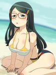  arm_support beach bikini blush breasts chousoku_henkei_gyrozetter cleavage day glasses green_eyes green_hair large_breasts long_hair meow_(nekodenki) miwa_satori ocean sitting sky solo swimsuit thighs water 