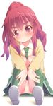  blush enomoto_yuiko eyebrows green_legwear kneehighs love_lab necktie panties pantyshot pantyshot_(sitting) ponytail pu-en red_eyes red_hair school_uniform shoes sitting skirt solo thick_eyebrows underwear uwabaki 