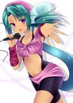  :d agekichi_(heart_shape) aqua_hair arm_warmers bad_id bad_pixiv_id bangs bare_shoulders blush breasts cable cleavage crop_top dark_skin fang fingernails fish_girl foreshortening from_side front-tie_top hands happy holding juri_(yuu_yuu_hakusho) long_fingernails long_hair low_ponytail medium_breasts microphone midriff monster_girl navel navel_cutout open_mouth outstretched_arm ponytail purple_eyes purple_sarong sarong shadow simple_background smile solo sparkle tail unitard white_background yuu_yuu_hakusho 