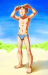  barefoot blush full_body goggles male_focus male_swimwear navel open_mouth original shirtless solo swim_briefs swim_cap swimwear torte_(triggerhappy) 