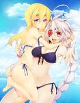  ahoge bare_shoulders bikini blazblue blonde_hair blue_eyes braid eyepatch long_hair mu-12 multiple_girls nail_polish navel nu-13 ocean red_eyes silver_hair single_braid smile swimsuit uzukinoko very_long_hair water 