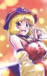  adapted_costume aki_minoriko bare_shoulders blonde_hair blush breasts detached_sleeves food food_themed_clothes fruit grapes hat highres large_breasts open_mouth red_eyes short_hair sketch smile strap stufquin touhou 