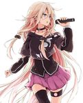  bare_shoulders black_legwear blonde_hair blue_eyes braid choker ia_(vocaloid) long_hair microphone music off_shoulder open_mouth pink_hair singing single_thighhigh skirt solo thigh_strap thighhighs toromera twin_braids very_long_hair vocaloid 