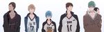  aomine_daiki basketball basketball_uniform blonde_hair blue_hair brown_hair green_hair highres kagami_taiga kise_ryouta kuroko_no_basuke kuroko_tetsuya long_image male_focus midorima_shintarou multiple_boys oka_(a.m.) sportswear takao_kazunari tan wide_image 