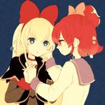  aida_mana blonde_hair blue_background blue_eyes bow couple dokidoki!_precure eye_contact hairband half_updo hand_on_another's_cheek hand_on_another's_face holding_hands huge_bow interlocked_fingers light_smile long_hair looking_at_another multiple_girls nanayo74 oogai_daiichi_middle_school_uniform pink_bow precure purple_sailor_collar red_eyes red_hair red_ribbon regina_(dokidoki!_precure) ribbon sailor_collar school_uniform short_hair simple_background yuri 