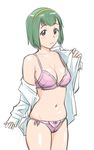  blush bra breasts brown_eyes cleavage dress_shirt green_hair hairband idolmaster idolmaster_(classic) medium_breasts mole mole_under_mouth navel otonashi_kotori panties shirt short_hair side-tie_panties solo ueyama_michirou underwear undressing 