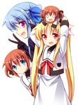  blonde_hair blue_eyes blue_hair blush brown_hair chibi dual_persona fang fate_testarossa gloves long_hair long_sleeves lyrical_nanoha mahou_shoujo_lyrical_nanoha mahou_shoujo_lyrical_nanoha_a's mahou_shoujo_lyrical_nanoha_a's_portable:_the_battle_of_aces material-l multiple_girls open_mouth purple_eyes red_eyes ribbon school_uniform seishou_elementary_school_uniform short_twintails smile takamachi_nanoha teruui twintails v white_background 
