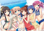  :d beach bikini black_hair blonde_hair blue_eyes blue_hair breasts brown_hair closed_eyes kamikita_komari kurugaya_yuiko little_busters! long_hair male_swimwear medium_breasts multiple_girls natsume_rin navel nishizono_mio noumi_kudryavka ocean one_eye_closed open_mouth pink_hair ponytail purple_eyes red_eyes saigusa_haruka short_hair shorts side_ponytail small_breasts smile swim_trunks swimsuit swimwear touon twintails v water white_hair yellow_eyes 