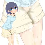  bangs between_legs black_bra blue_eyes blue_hair blue_shirt blush bra bra_strap collarbone embarrassed eyebrows_visible_through_hair female hair_between_eyes hand_between_legs hands_together have_to_pee highres japanese_text kouyouchadhuke long_sleeves looking_at_viewer miniskirt off_shoulder open_mouth original outline peeing peeing_self shirt short_hair skirt solo standing steam sweat translation_request underwear v_arms wet wet_clothes white_outline yellow_skirt zoom_layer 