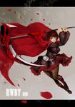  belt belt_pouch boots cloak copyright_name crescent_rose cross dress frills hood hooded_cloak letterboxed magazine_(weapon) pantyhose petals pouch red_hair rose_petals ruby_rose rwby saha scythe short_hair silver_eyes solo weapon 