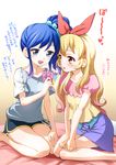  aikatsu! aikatsu!_(series) blonde_hair blue_eyes blue_hair hair_ribbon highres hoshimiya_ichigo kiriya_aoi kneeling long_hair minimaru multiple_girls ponytail red_eyes ribbon shorts side_ponytail 